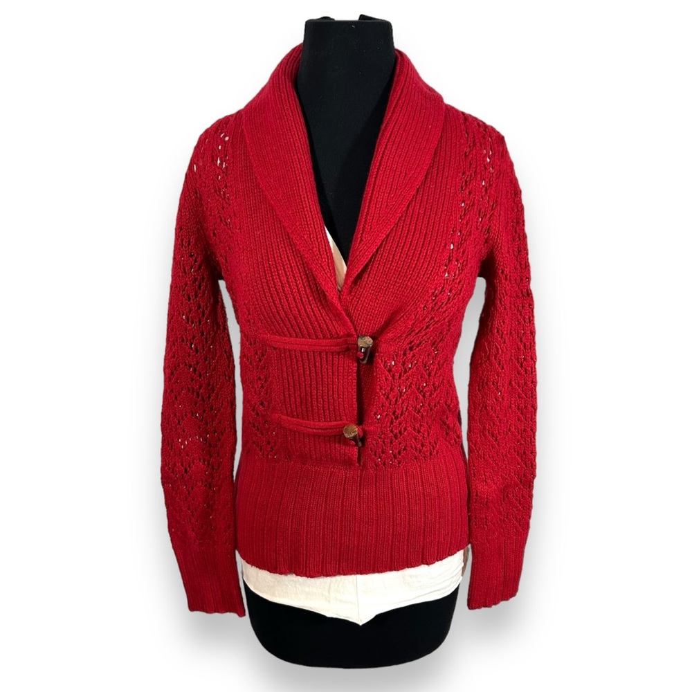 VTG Old Navy Pointelle Toggle Shawl Collar Cardigan Sweater Womens Medium‎ Red